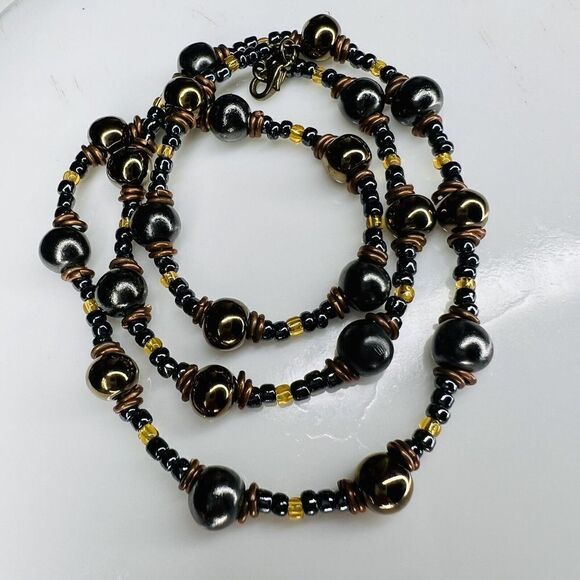 STUNNING Vintage Faux Pearl Black Brown Yellow Tone Beaded Beads Necklace 4021 - Picture 9 of 11